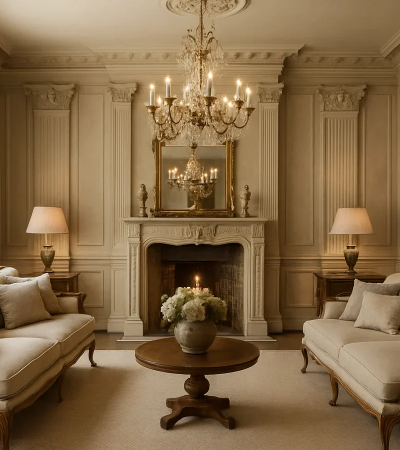 Elegante, beige woonkamer met twee bijpassende banken, een ronde houten salontafel, een open haard met schoorsteenmantel, sierlijke kroonluchter, lampen, ingelijste kunstwerken en een vaas met bloemen, alles in klassieke Franse decorstijl.