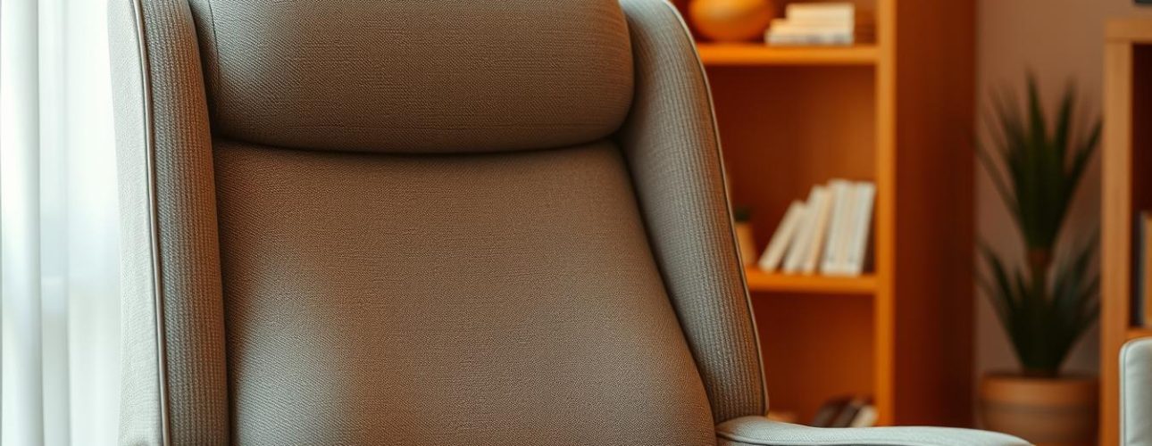 A comfortable, high-backed chair with sturdy armrests, designed for the needs of senior citizens. The chair is upholstered in a soft, neutral-toned fabric, with gentle contours that provide excellent lumbar and neck support. The armrests are at a height that allows for easy in-and-out movements, and the seat is slightly elevated to facilitate standing. The chair is set against a warm, inviting backdrop, perhaps a cozy living room or study, with subtle lighting that casts a gentle glow and creates a sense of tranquility and relaxation. The overall composition conveys a sense of comfort, security, and thoughtful design tailored to the unique requirements of the elderly.