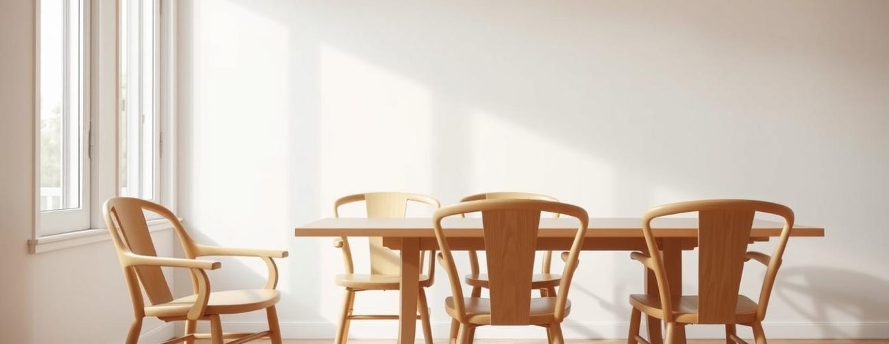 A cozy Scandinavian-style dining room setting with a group of four light-colored wooden chairs with simple, minimalist designs. The chairs feature clean lines, curved armrests, and natural wood textures. The room is well-lit with soft, diffused natural light from large windows, creating a warm, inviting atmosphere. The background showcases a plain, light-colored wall, allowing the chairs to take center stage. The overall aesthetic is one of understated elegance and functional simplicity, reflecting the hallmarks of Scandinavian design.