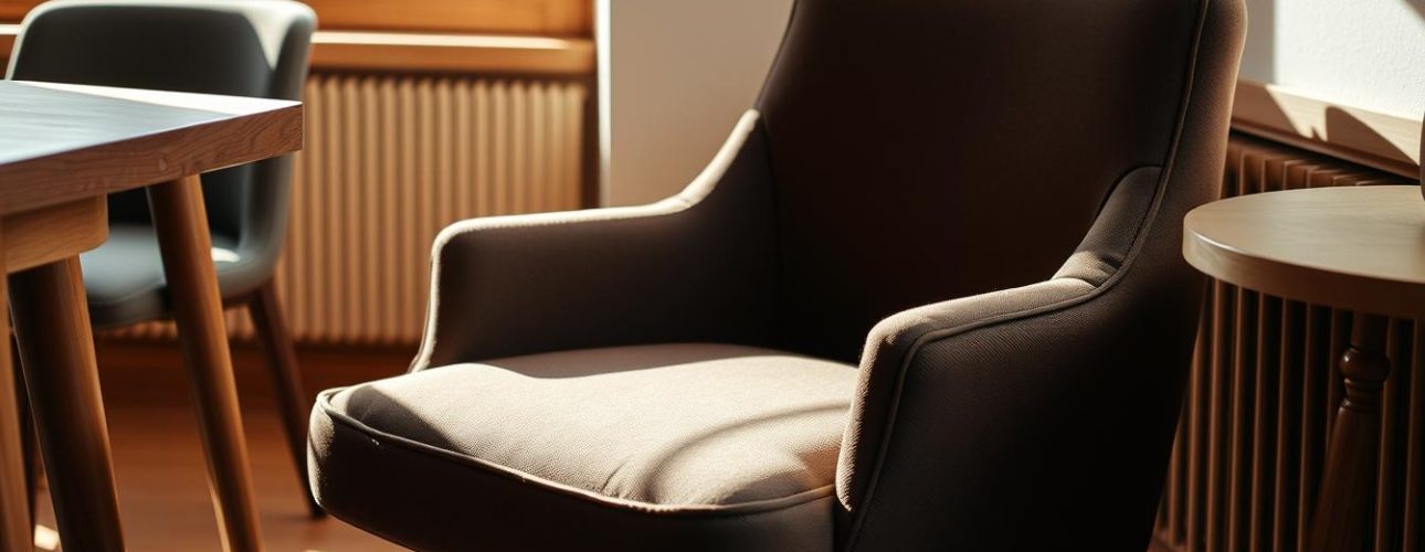 A cozy and inviting Nieuwe Sfeer eetkamerstoel sits in a warm, naturally lit room. The chair's deep brown fabric upholstery complements the surrounding wooden furniture and neutral tones, creating a harmonious and sophisticated ambiance. The chair's plush cushions and ergonomic design promise both comfort and style, ideal for leisurely dining or intimate conversations. Soft shadows from the natural lighting gently accentuate the chair's form, adding depth and dimension to the scene. This eetkamerstoel exudes a sense of timeless elegance and understated luxury, perfectly suited for the &quot;Waarom kiezen voor een eetkamerstoel van bruin stof?&quot; section of the article.