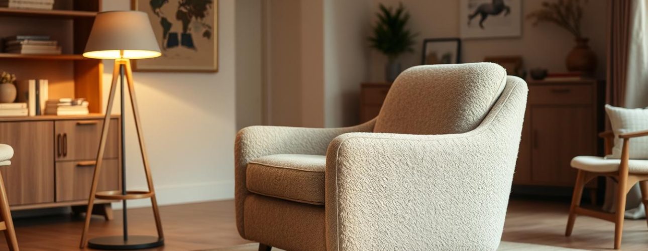A cozy and inviting bouclé armchair in a warm, well-lit eetkamer (dining room). The chair's plush, textured upholstery in a neutral tone blends seamlessly with the surrounding wooden furniture and accents. Soft, diffused lighting from a nearby floor lamp creates a comfortable, intimate atmosphere, highlighting the chair's elegant, curved silhouette. The arrangement suggests a tranquil, refined space perfect for leisurely dining or relaxation. The scene evokes a sense of modern, Scandinavian-inspired style and premium quality.