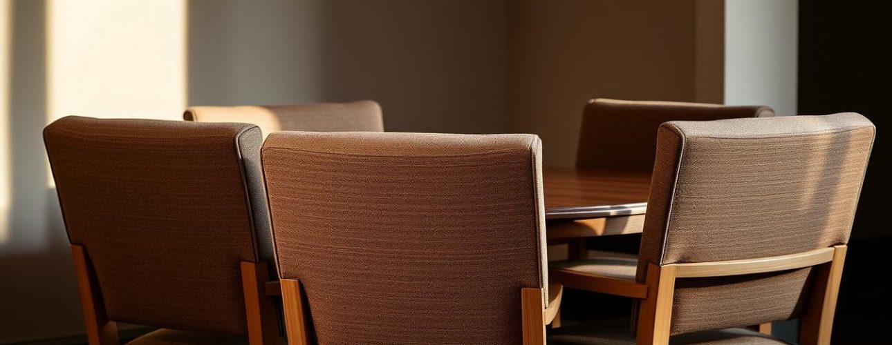 Een groep van vijf bruine eetkamerstoelen met armleuning omringt een houten tafel in een zacht verlichte kamer, zonlicht dat door het raam naar binnen schijnt en zachte schaduwen op de muur werpt.
