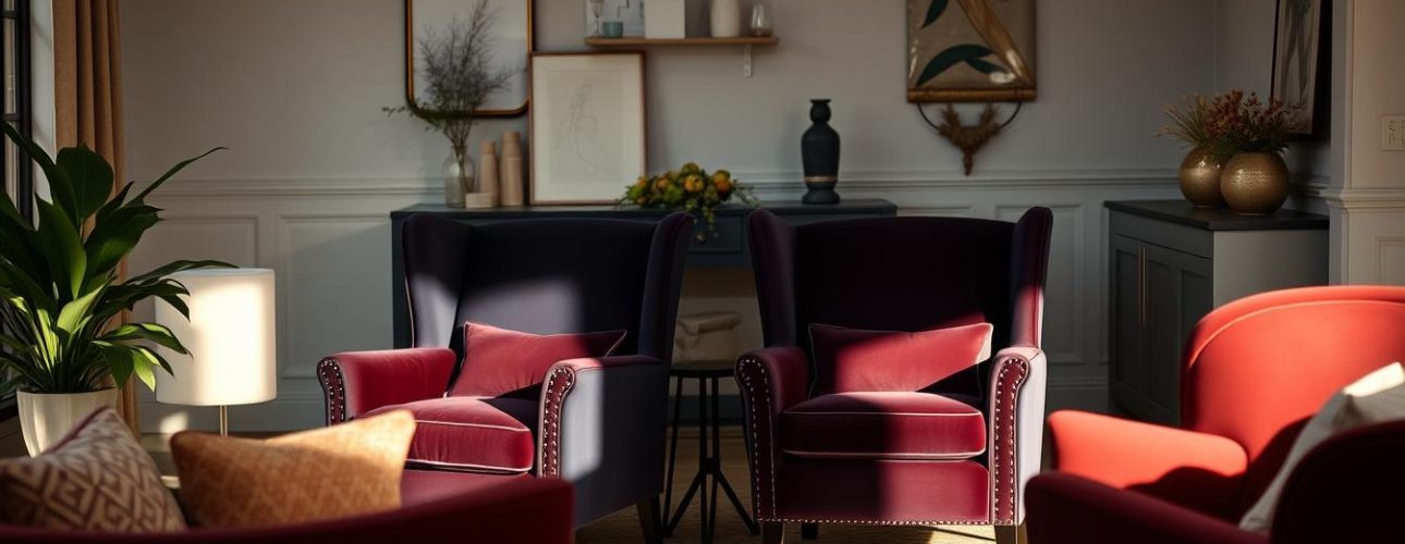 A cozy and inviting dining room setting with a central focus on a pair of elegant velvet armchairs in a rich, jewel-toned color. The chairs are positioned in a thoughtful arrangement, suggesting a conversation-friendly layout. Indirect lighting casts a warm, flattering glow, highlighting the sumptuous texture of the velvet upholstery. The background features a contemporary, minimalist decor with subtle accents that complement the velvet chairs, creating a harmonious and visually appealing scene. The overall atmosphere exudes comfort, sophistication, and a touch of luxury, perfectly capturing the essence of the "velvet eetkamerstoelen" being featured.