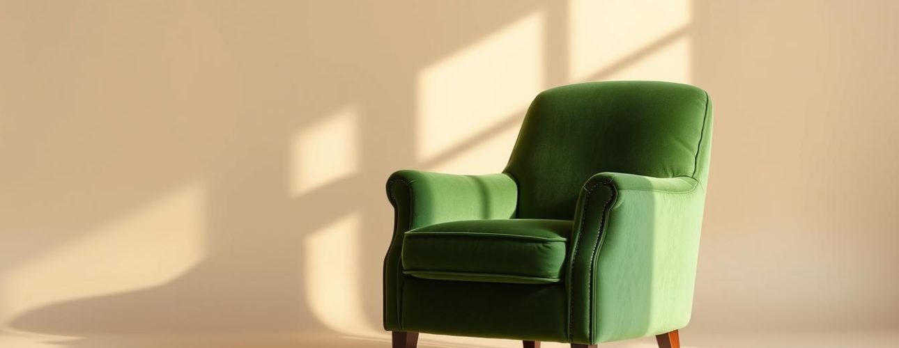 A cozy and inviting green velvet armchair set against a neutral background, illuminated by warm, natural lighting that casts soft shadows and highlights the luxurious texture of the upholstery. The chair is positioned in the foreground, commanding attention, with a clean, minimalist design that complements the sophisticated yet comfortable aesthetic. The mid-ground features a simple, uncluttered setting, allowing the chair to be the focal point, while the background maintains a sense of depth and context, creating a balanced and visually appealing composition.