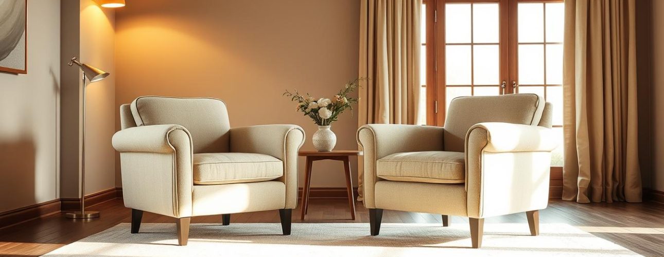 A cozy and inviting living room scene, featuring a pair of plush fauteuils upholstered in a soft, sandy-colored Stone Bouclé fabric. The chairs are positioned to face each other, creating an intimate conversation area. Warm, diffused lighting from overhead fixtures casts a golden glow, complementing the natural tones of the fabric. The fauteuils are placed atop a neutral-toned area rug, adding texture and depth to the scene. In the background, a minimalist wooden side table holds a simple vase of fresh flowers, while a large window floods the space with natural light, brightening the overall atmosphere. The overall mood is one of comfort, relaxation, and understated elegance.