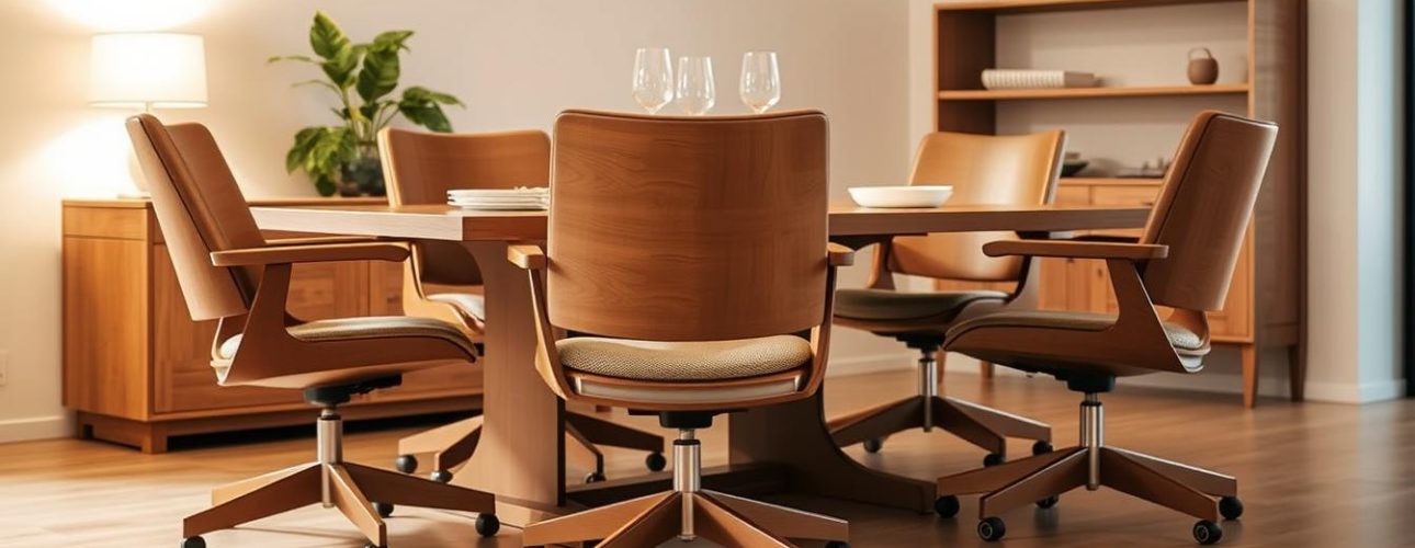 A cozy and modern dining room featuring a set of elegant dining chairs with wheeled bases and armrests. The chairs are crafted from a warm, natural wood and have a sleek, minimalist design. Soft, indirect lighting illuminates the space, creating a inviting and comfortable atmosphere. The chairs are positioned around a sturdy, rectangular dining table, ready to accommodate a relaxed and enjoyable meal. The overall scene conveys a sense of functionality, comfort, and sophistication, perfectly suited for the "Waarom eetkamerstoelen met wieltjes en armleuning ideaal zijn?" article section.