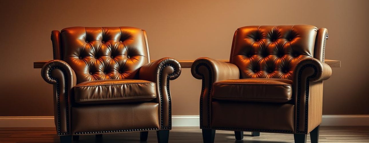 Twee cognacbruine leren fauteuils met getufte rugleuningen, sierstiksels en klassieke armleuningen staan naast elkaar op een houten vloer tegen een effen bruine muur, warm verlicht vanaf de zijkant.