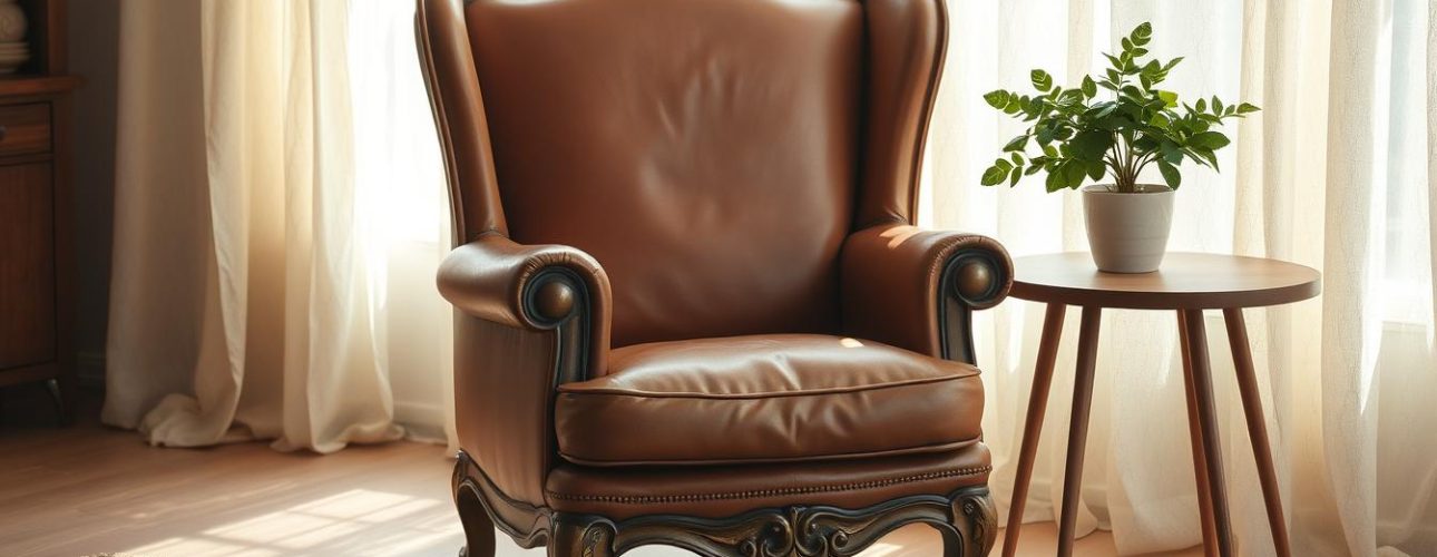 A cozy brocante antique chair with adjustable armrests, nestled in a warm, inviting room. Soft natural light filters through lace curtains, casting a gentle glow on the weathered wood and supple leather upholstery. The chair's ornate details and muted colors evoke a sense of timeless elegance, perfect for a vintage-inspired living space. A mid-century side table with a potted plant stands nearby, completing the charming, lived-in atmosphere. The composition emphasizes the chair's versatility and classic appeal, inviting the viewer to imagine themselves sinking into its comfortable embrace.