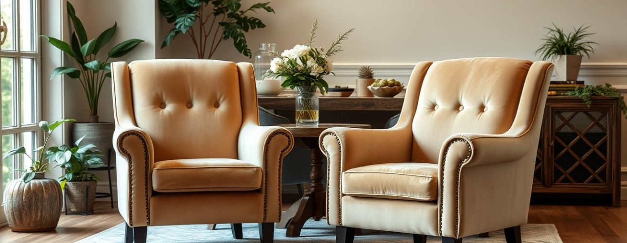 A cozy dining room scene with a pair of beige velvet upholstered armchairs positioned in a warm, inviting setting. The chairs feature a luxurious, high-quality velvet fabric with a soft, smooth texture that catches the light elegantly. The chairs are set against a backdrop of neutral toned walls, with a rustic wood table and potted plants adding natural elements to the space. The lighting is soft and diffused, creating a relaxing, intimate atmosphere perfect for enjoying a meal with family and friends. The overall composition emphasizes the comfort and sophistication of the beige velvet armchairs as the centerpiece of this welcoming interior.