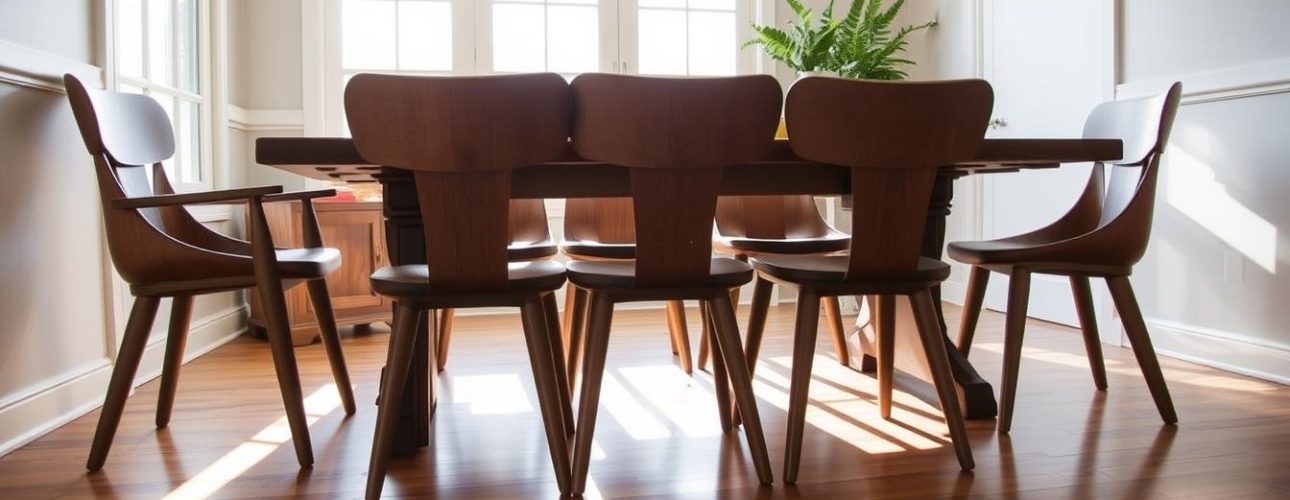 A-cozy-dining-room-setting-featuring-a-group-of-well-crafted-wooden-dining-chairs-with-sturdy- A cozy dining room setting featuring a group of well-crafted wooden dining chairs with sturdy, tapered legs and a warm, natural wood grain finish. The chairs are positioned around a rustic wooden dining table, casting soft shadows on the hardwood floor. Abundant natural light filters in through large windows, creating a bright and airy atmosphere. The scene exudes a sense of timeless elegance and understated sophistication, perfectly suited for the article's discussion on the benefits of choosing wooden dining chairs with wooden legs.