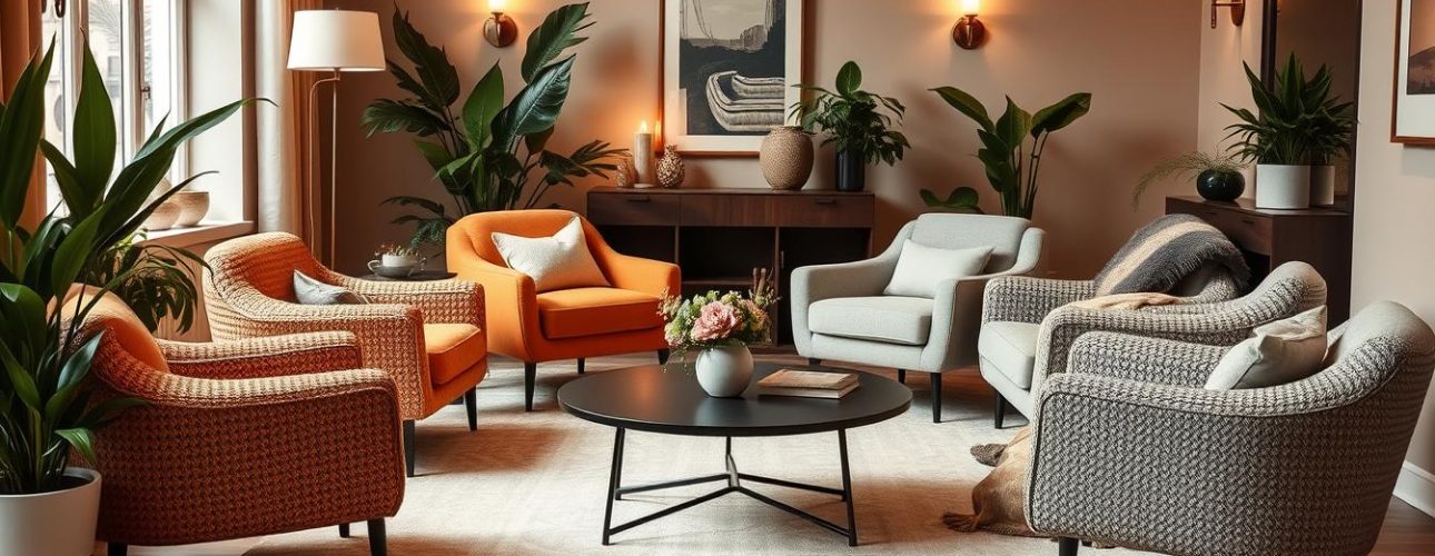 A cozy living room scene featuring a collection of stylish Bouclé armchairs in various hues. The chairs are positioned around a low, modern coffee table, creating an inviting conversation area. Warm, soft lighting from a floor lamp and sconces casts a gentle glow, highlighting the intricate texture of the Bouclé upholstery. The room is decorated with lush potted plants, plush throws, and understated artwork, conveying a sense of relaxed sophistication. The overall atmosphere is one of comfort and elegance, perfectly capturing the essence of the popular Bouclé armchair styles.