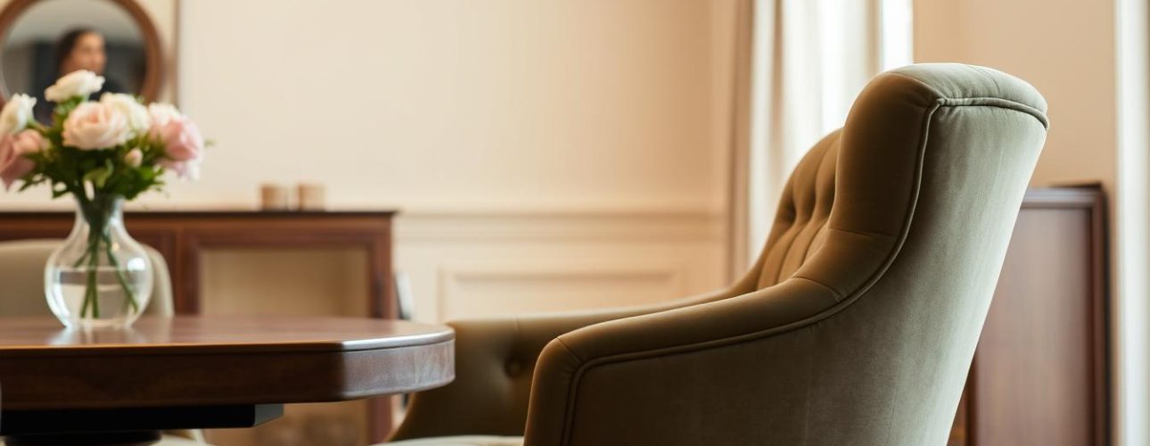 A cozy, luxurious velvet swivel armchair in a warm, inviting dining room. The chair has a plush, button-tufted backrest and a gently curved silhouette, offering both style and comfort. Soft, diffused lighting from a nearby chandelier casts a warm glow, highlighting the rich, velvety texture of the upholstery. The chair is positioned near a wooden dining table, with a minimalist vase of fresh flowers adding a touch of nature. The overall scene evokes a sense of sophistication and relaxation, perfect for enjoying a leisurely meal.