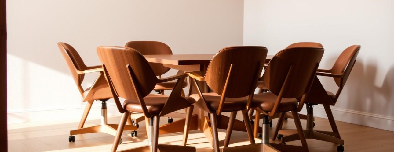 Een groep van zeven bruine eetkamerstoelen met wielen omringt een houten tafel in een lichte kamer met lichtgekleurde muren en een houten vloer. Zonlicht stroomt naar binnen, accentueert de warme kleur bruin en werpt zachte schaduwen.