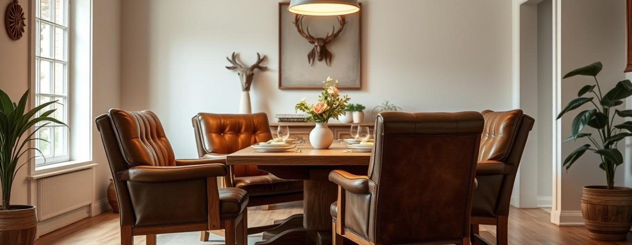Een gezellige eetkamer met een houten tafel, leren eetkamerstoelen, een vaas met bloemen en tafeldecoratie. Boven de tafel hangt een hanglamp. Planten en een ingelijste hertenkop sieren de lichte, zonovergoten ruimte.