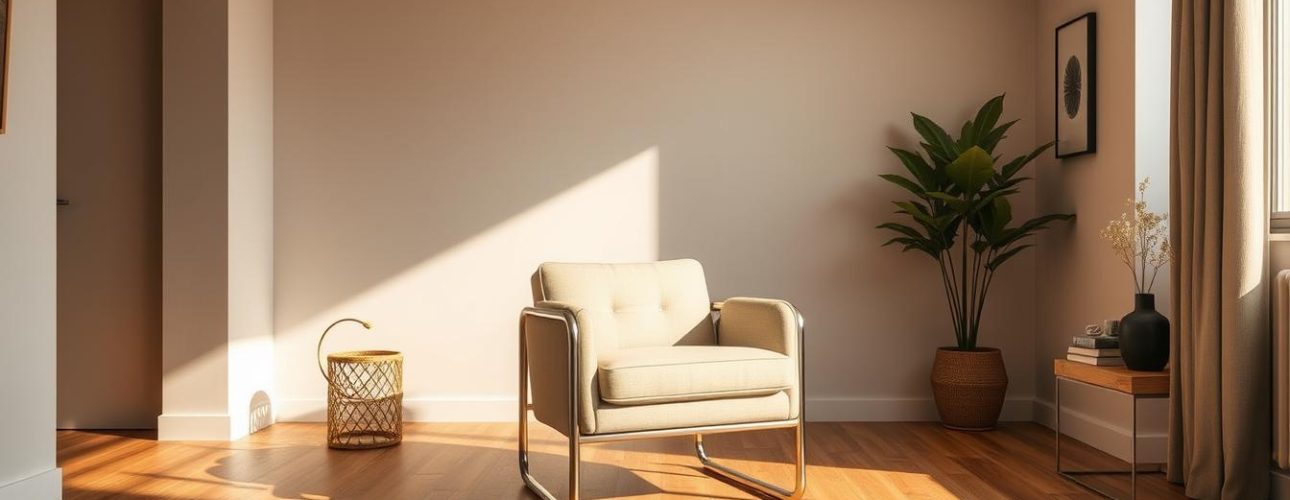 A cozy, well-lit modern interior with a sleek and stylish tubular armchair positioned prominently in the center of the frame. The armchair features a clean, minimalist design with a curved backrest and padded armrests, crafted from high-quality materials that exude a sense of comfort and sophistication. The chair is set against a backdrop of neutral-toned walls and hardwood flooring, complemented by subtle décor elements that add depth and visual interest to the scene. Soft, diffused lighting emanates from hidden sources, creating a warm and inviting atmosphere that highlights the chair's elegant silhouette and inviting presence within the space.