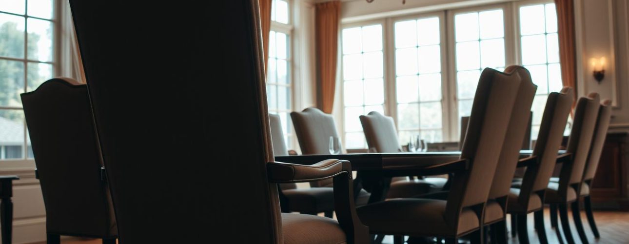 A formal dining room setting, featuring a row of elegant armchairs arranged around a wooden table. The chairs have a classic, high-backed design with plush, upholstered seats and armrests. The chairs are positioned in a well-lit, airy space with large windows allowing natural light to flood the room. The overall atmosphere is one of refined sophistication, suitable for hosting formal meals and gatherings. The lighting is soft and warm, creating a cozy and inviting ambiance. The scene is captured from a slightly elevated angle, providing a comprehensive view of the dining chairs and their harmonious placement within the room.