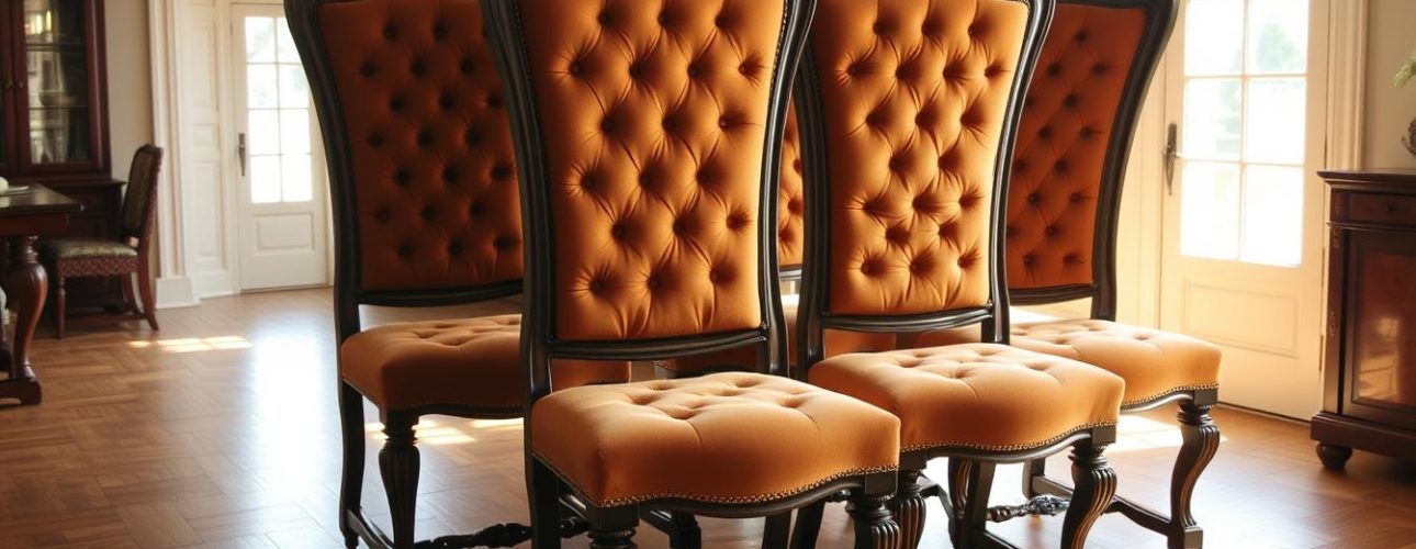Vier klassieke eetkamerstoelen met hoge leuning, met hoge, getufte oranje bekleding, staan in een zonovergoten, elegante eetkamer met houten vloeren en klassieke inrichting.