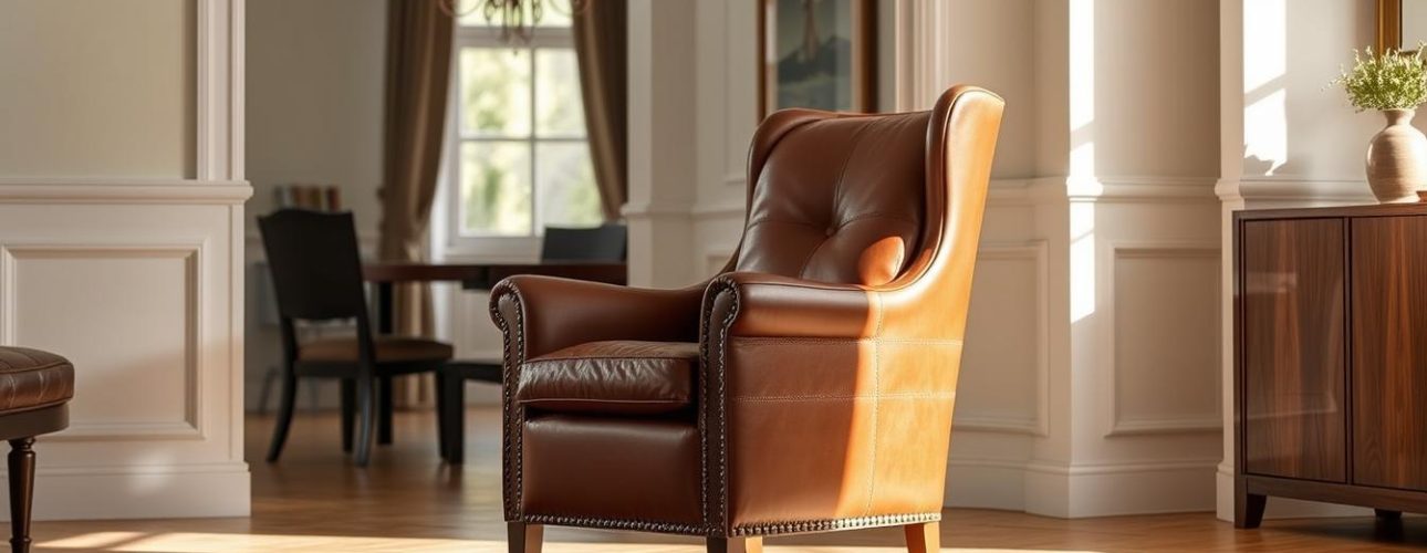 A luxurious, brown leather armchair from the Nieuwe Sfeer collection, standing elegantly in a cozy, well-lit eetkamer. The chair's supple, high-quality leather captures the light, creating a warm, inviting ambiance. The chair's sturdy, ergonomic design promises exceptional comfort and durability, making it the perfect addition to any sophisticated dining space. A seamless blend of timeless style and modern functionality, this Nieuwe Sfeer eetkamerstoel embodies the essence of durable, elegant, and comfortable seating.