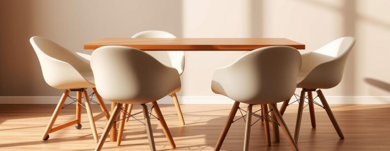 A modern dining room setting with four minimalist dining chairs featuring sleek, rounded silhouettes and smooth wooden legs. The chairs have casters at the base, allowing for effortless mobility across the room. The chairs are positioned around a simple, rectangular wooden dining table, creating a cohesive, understated aesthetic. The scene is bathed in warm, natural lighting, casting a cozy, inviting atmosphere. The background features muted, neutral-toned walls, complementing the clean, Scandinavian-inspired design of the furniture. The overall composition emphasizes the practical, versatile nature of the armless, wheeled dining chairs.