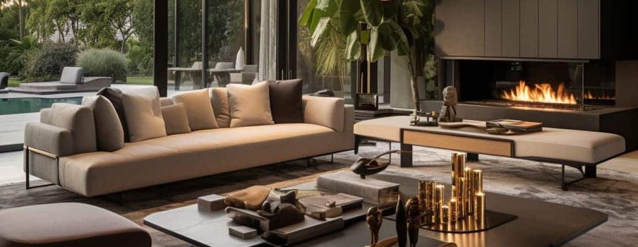 Een moderne woonkamer met grote glazen deuren die uitkomen op een tuin met palmbomen. De kamer beschikt over een gezellige open haard, minimalistische meubels, lage tafels met decoratieve items en stijlvolle hanglampen. Buiten is een zwembad zichtbaar.