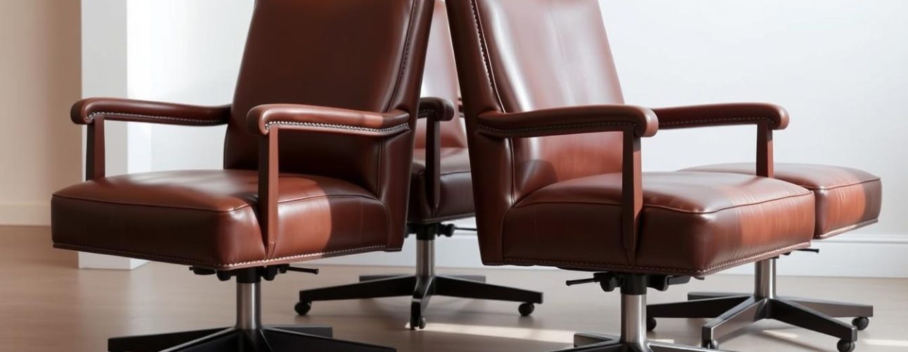 A set of elegant dining room chairs with armrests and casters, upholstered in rich, supple leather. The chairs are positioned in a well-lit, minimalist space, with soft shadows adding depth and dimension. The chairs' sleek, contemporary design and superior leather craftsmanship are the focus, showcasing the ideal combination of comfort and sophistication. The camera angle highlights the chairs' streamlined silhouettes and the smooth, buttery texture of the leather, inviting the viewer to envision the luxurious experience of sitting in these chairs. The overall atmosphere conveys a sense of refined elegance and timeless style.