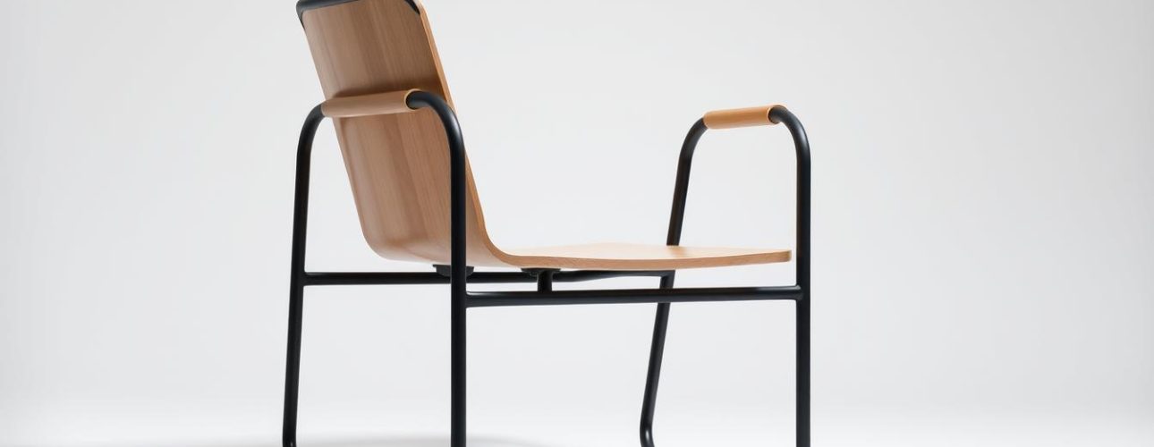 A sleek, modern buisframe chair with graceful armrests stands in a minimalist, well-lit studio setting. The chair's tubular steel frame is painted in a matte black finish, contrasting beautifully with the smooth, light-colored wooden seat and backrest. Subtle details, such as the gently curved armrests and the seamless connection between the frame and the seat, showcase the chair's thoughtful design. The lighting, positioned to accentuate the chair's clean lines and angles, casts a soft, even glow, creating a sense of elegance and sophistication. The overall composition emphasizes the chair's unique, functional aesthetic, inviting the viewer to appreciate its form and purpose.