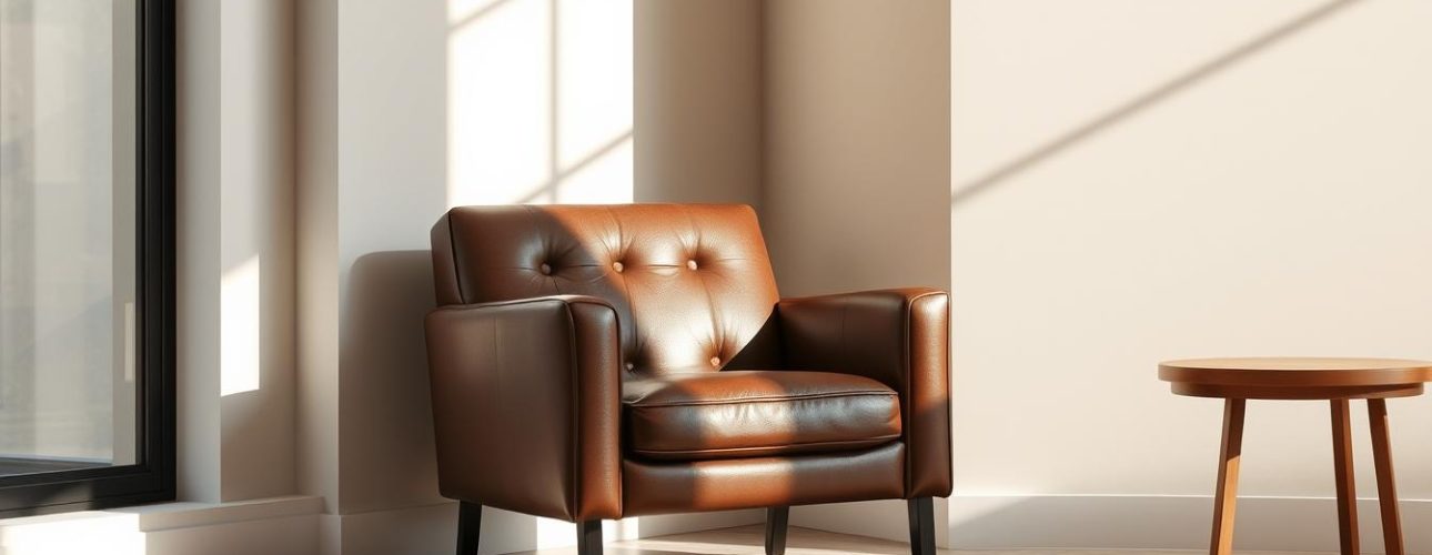 A sleek, modern leather armchair nestled in a stylish, minimalist interior. The chair is crafted from high-quality, distressed brown leather, its tufted back and armrests exuding a rich, luxurious aesthetic. Positioned against a neutral-toned wall, the chair is bathed in soft, natural light streaming in through large windows, casting gentle shadows and highlighting the chair's elegant silhouette. The room is sparsely furnished, with a minimalist wooden side table and a subtle, geometric area rug completing the serene, sophisticated ambiance. The overall composition emphasizes the chair's harmonious integration within the contemporary, well-curated space, showcasing its versatility and timeless appeal.