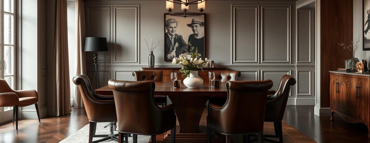 Een verfijnde eetkamer met een houten tafel, zes donkerbruine eetkamerstoelen met armleuning, een grote witte vaas met bloemen en elegante muren met lambrisering. Boven een bruine bank hangt een zwart-wit portret. Warme, sfeervolle verlichting vult de ruimte.