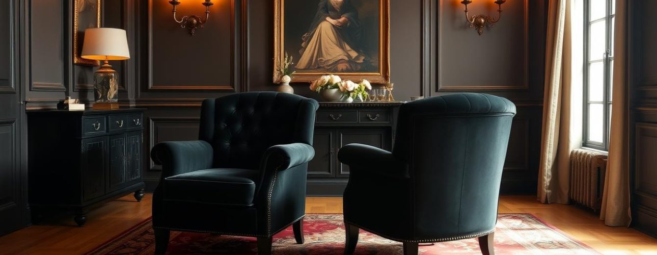A stately dining room setting, bathed in warm, soft lighting. Centrally positioned are a pair of luxurious black velvet armchairs, their plush upholstery inviting touch and comfort. The chairs are crafted with elegant, curved lines and delicate tufting, exuding an air of sophistication. The room's walls are painted in a deep, moody color, providing a rich backdrop that heightens the chairs' alluring presence. Wooden floors and a large, ornate area rug anchor the scene, lending a sense of timeless elegance. This cozy, intimate setting beckons the viewer to imagine themselves sinking into the velvety embrace of these striking, yet practical, black velvet dining chairs.