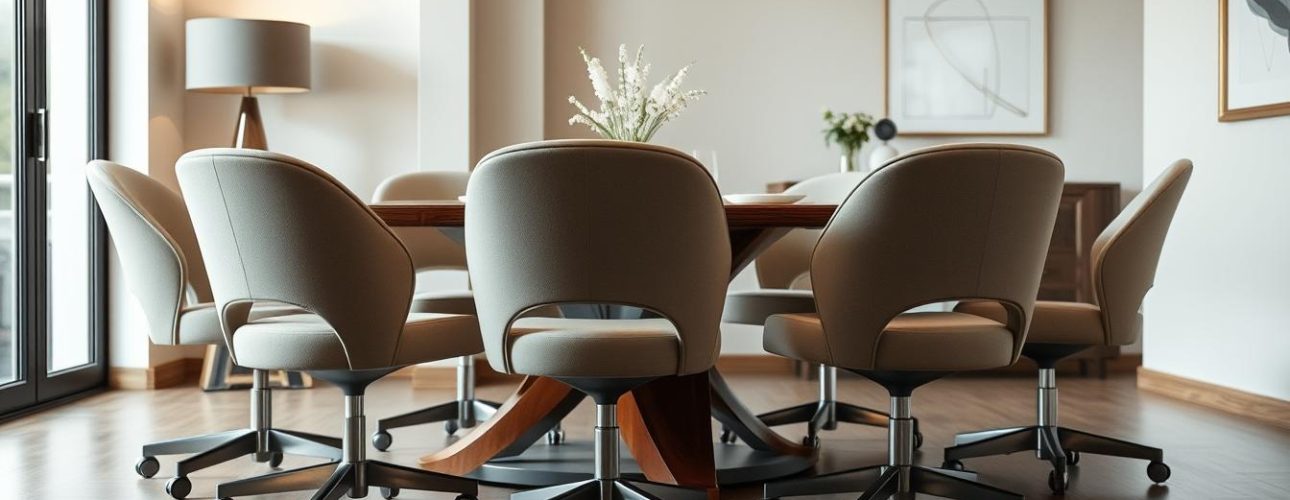 A stylish dining room setting featuring a set of elegant, modern chairs with smooth, rolling casters. The chairs have a sleek, minimalist design with curved backs and padded, upholstered seats in a neutral tone. They are arranged around a polished, wooden dining table, creating a harmonious and functional arrangement. Soft, diffused lighting from overhead fixtures casts a warm, inviting glow, and the scene is framed by tasteful decor elements, such as a large window or a simple, abstract artwork on the wall. The overall atmosphere is one of refined sophistication and effortless comfort, perfectly suited for a high-quality dining experience.