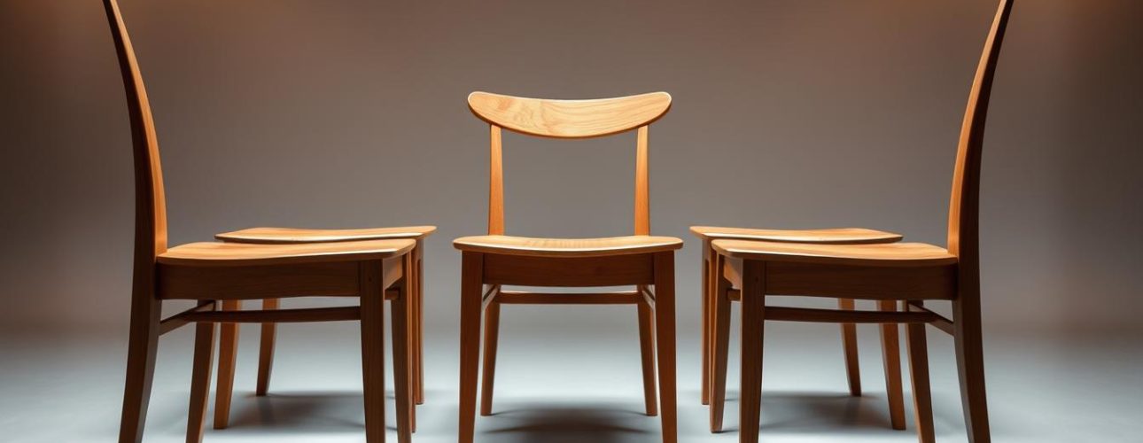 A well-lit, beautifully crafted set of wooden dining chairs, captured in a high-quality studio shot. The chairs feature a sleek, minimalist design with clean lines and a warm, natural wood grain texture. Soft, diffused lighting from multiple angles highlights the intricate craftsmanship and the chairs' elegant, functional form. The chairs are positioned in a tasteful, clutter-free setting, allowing the viewer to focus on the quality and beauty of the furniture. The scene conveys a sense of refined, contemporary style that would complement a variety of modern dining room decors.