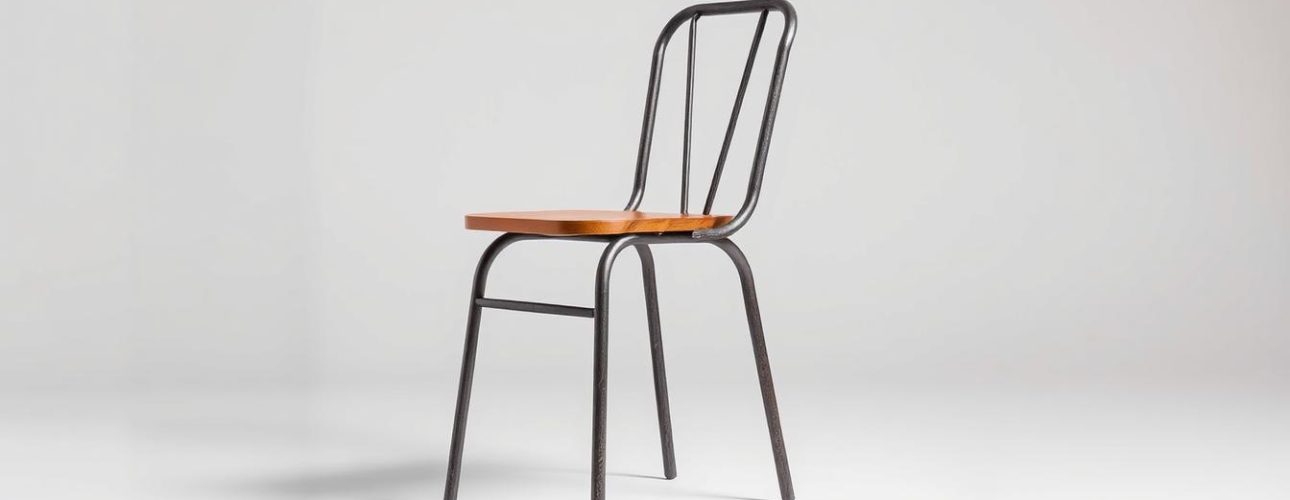 An industrial-style dining chair without armrests, standing alone in a well-lit studio setting. The chair features a sturdy metal frame with a weathered, distressed finish, creating an authentic, utilitarian aesthetic. The seat is made of a durable, high-quality wood material, potentially with a lightly textured surface. The entire composition is captured from a slightly elevated angle, showcasing the chair's clean lines and minimalist design. The background is simple and uncluttered, allowing the chair to be the focal point, with neutral tones that complement the industrial theme. The lighting is soft and diffused, creating gentle shadows that accentuate the chair's form and materiality, evoking a sense of timeless, functional elegance.