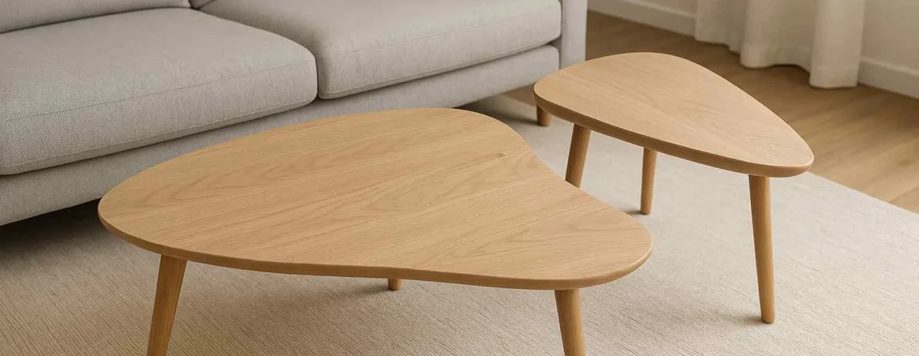 Twee houten tafels naast een grijze bank. Is een harde of zachte stoel beter tegen rugpijn?