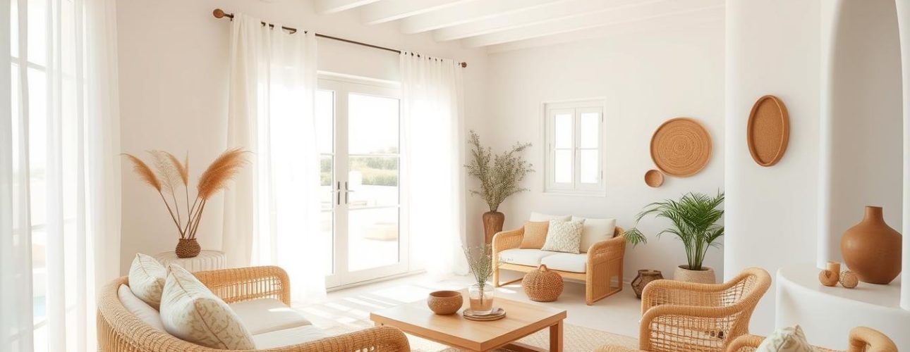 Authentiek interieur met witte muren en natuurlijke materialen