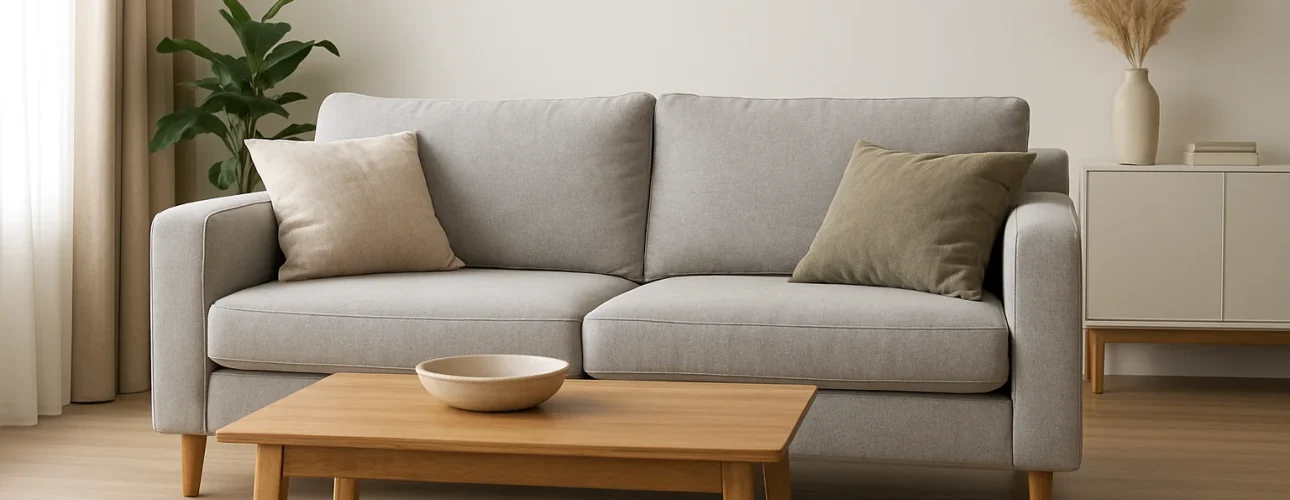 Een moderne woonkamer met een lichtgrijze bank met twee neutrale kussens, een houten salontafel-wat is het verschil tussen een salontafel en een bijzettafel?-een groene plant, en minimalistisch decor op een zijkast tegen een lichte muur.