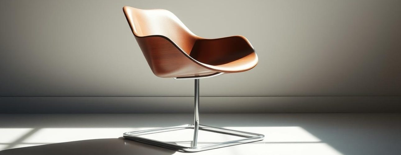 Een moderne stoel met een gladde, gebogen houten zitting en metalen frame staat in een zonnige kamer. Zonlicht werpt schaduwen op de vloer, waardoor het strakke design van de stoel tegen een neutrale muur wordt geaccentueerd en het interieur een elegante touch krijgt.