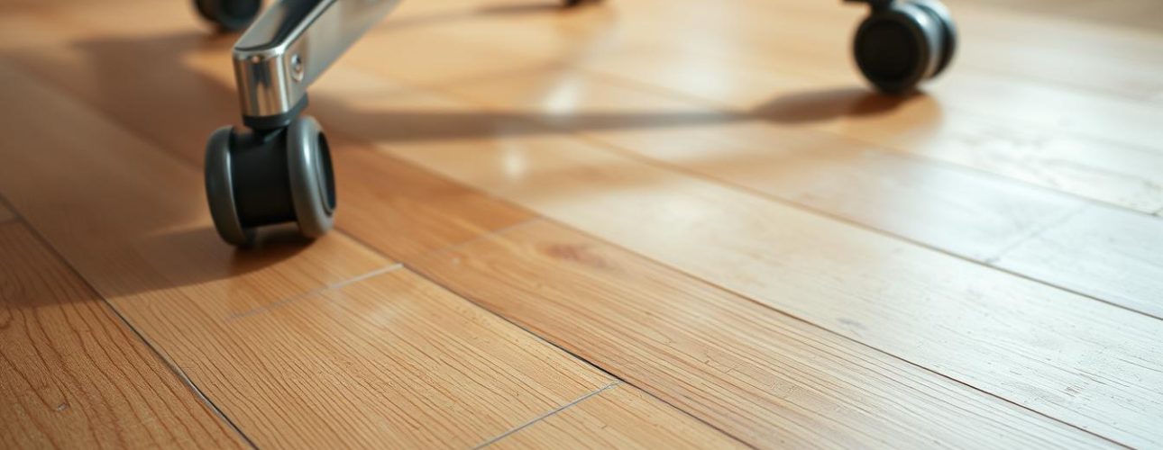 Beschadigde houten vloer door stoelwieltjes met zichtbare krassen