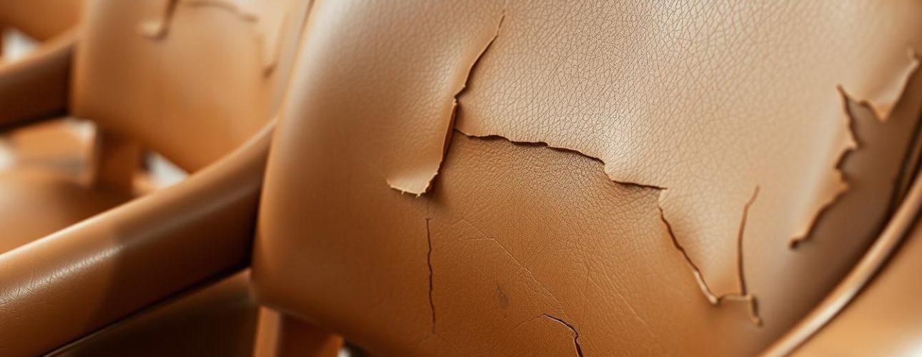 Bladderende leren eetkamerstoelen met zichtbare schade aan de oppervlakte