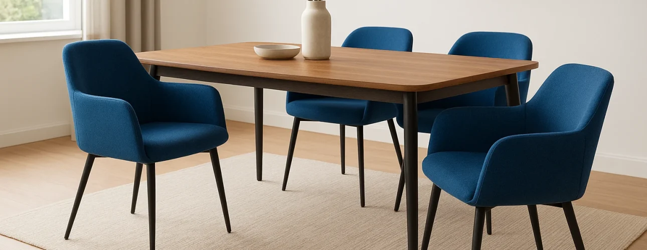 Een moderne eetkamer met een houten tafel, vier blauwe eetkamerstoelen met armleuning, een beige vloerkleed en een witte vaas met gedroogde takken. De minimalistische inrichting bestaat uit een ingelijst abstract kunstwerk en een raam met gordijnen.