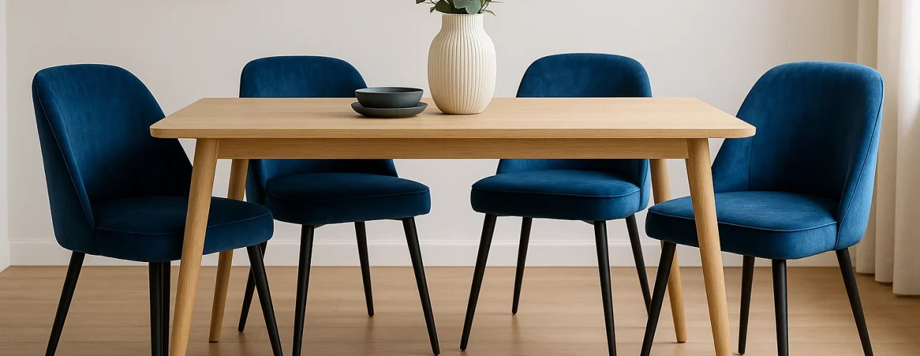 Een moderne eetkamer met een lichte houten tafel, blauw fluwelen eetkamerstoelen, een witte vaas met groen gebladerte en twee zwarte schalen. Lichte muren, houten vloeren en ingelijste abstracte kunstwerken maken de stijlvolle ruimte compleet.