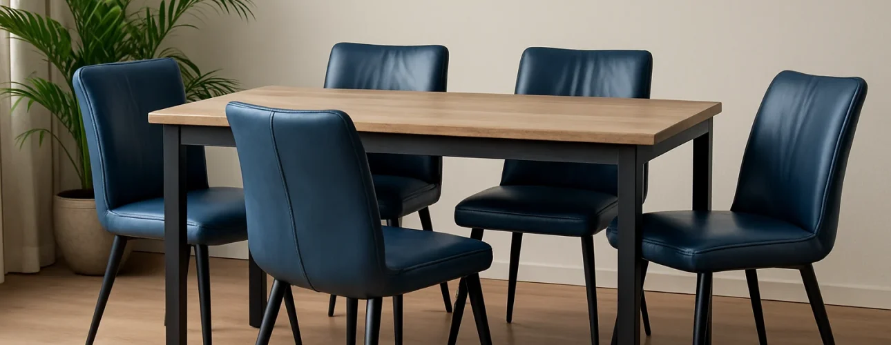 Een moderne eetkamer met een lichthouten tafel en zes blauwe leren eetkamerstoelen op een lichthouten vloer. Een groene potplant staat op de achtergrond bij een lichtgekleurde muur en raam met witte gordijnen.