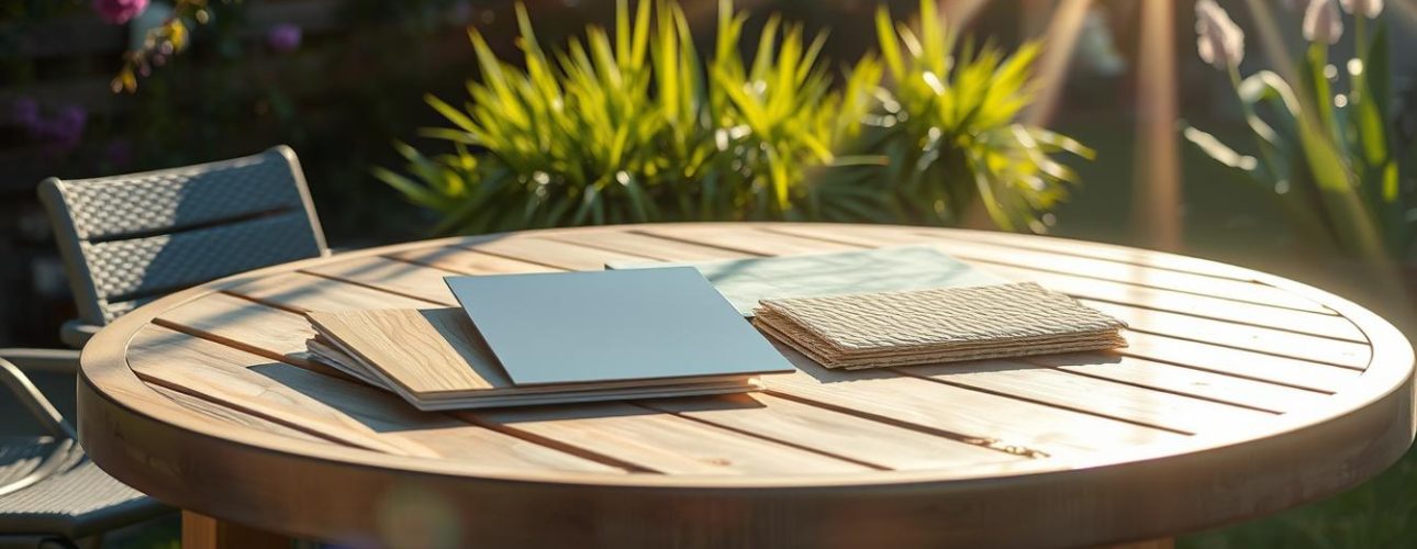 Buitentafel in volle zon met verschillende materialen uitgelicht