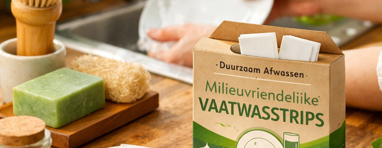 Close-up van vaatwasstrips en afwasborstel op een houten aanrecht, met iemand die afwast op de achtergrond. Zachte, natuurlijke belichting.