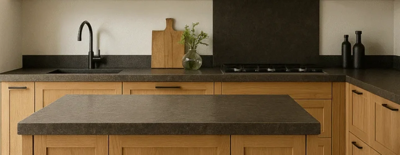 Strakke keuken met houten accenten en een donker werkblad. De bovenkasten zijn wit, wat contrasteert met de warme houttinten eronder. Stijlvol design.