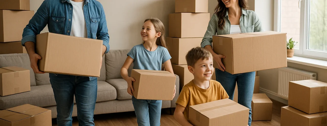 Een lachend gezin van vier, twee volwassenen en twee kinderen, dragen kartonnen dozen in een woonkamer vol met verhuisdozen. Ze zien er allemaal gelukkig en opgewonden uit, wat doet vermoeden dat ze naar een nieuw huis verhuizen.