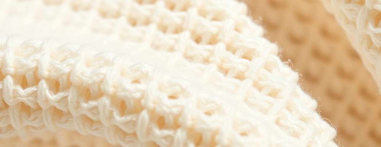 Close-up van beige boucle stof met zichtbare lusjes en textuur in een neutrale setting.