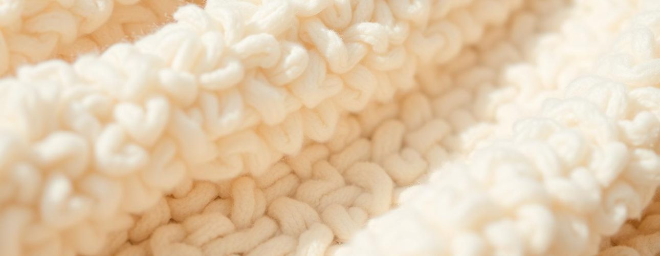 Close-up van teddy boucle stof met karakteristieke lussen en zachte textuur in een lichte kleur.