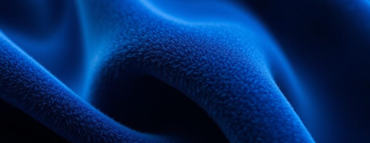 Close-up van velvet stof die de karakteristieke textuur en glans van velvet bed toont