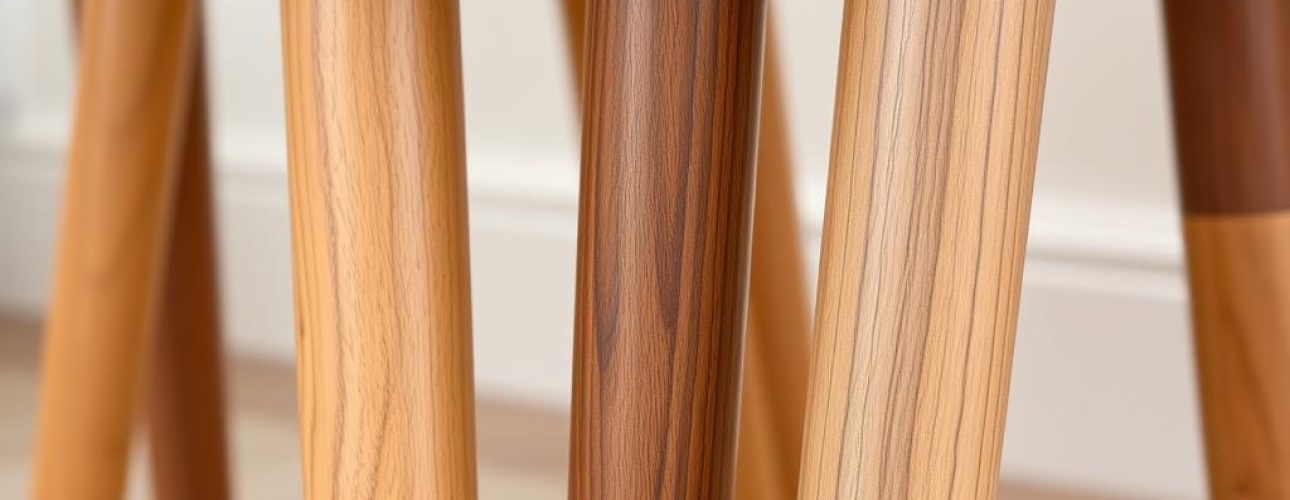 Close-up van verschillende eetkamerstoelen met houten poten die de natuurlijke houtstructuur tonen