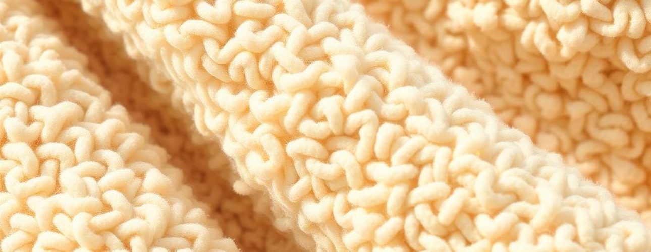 Close-up van beige teddystof met een karakteristieke textuur en structuur.